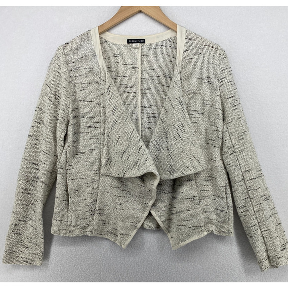 EILEEN FISHER Jacket S Tweed Blazer Cardigan Draped Open Front Off White - Picture 2 of 14